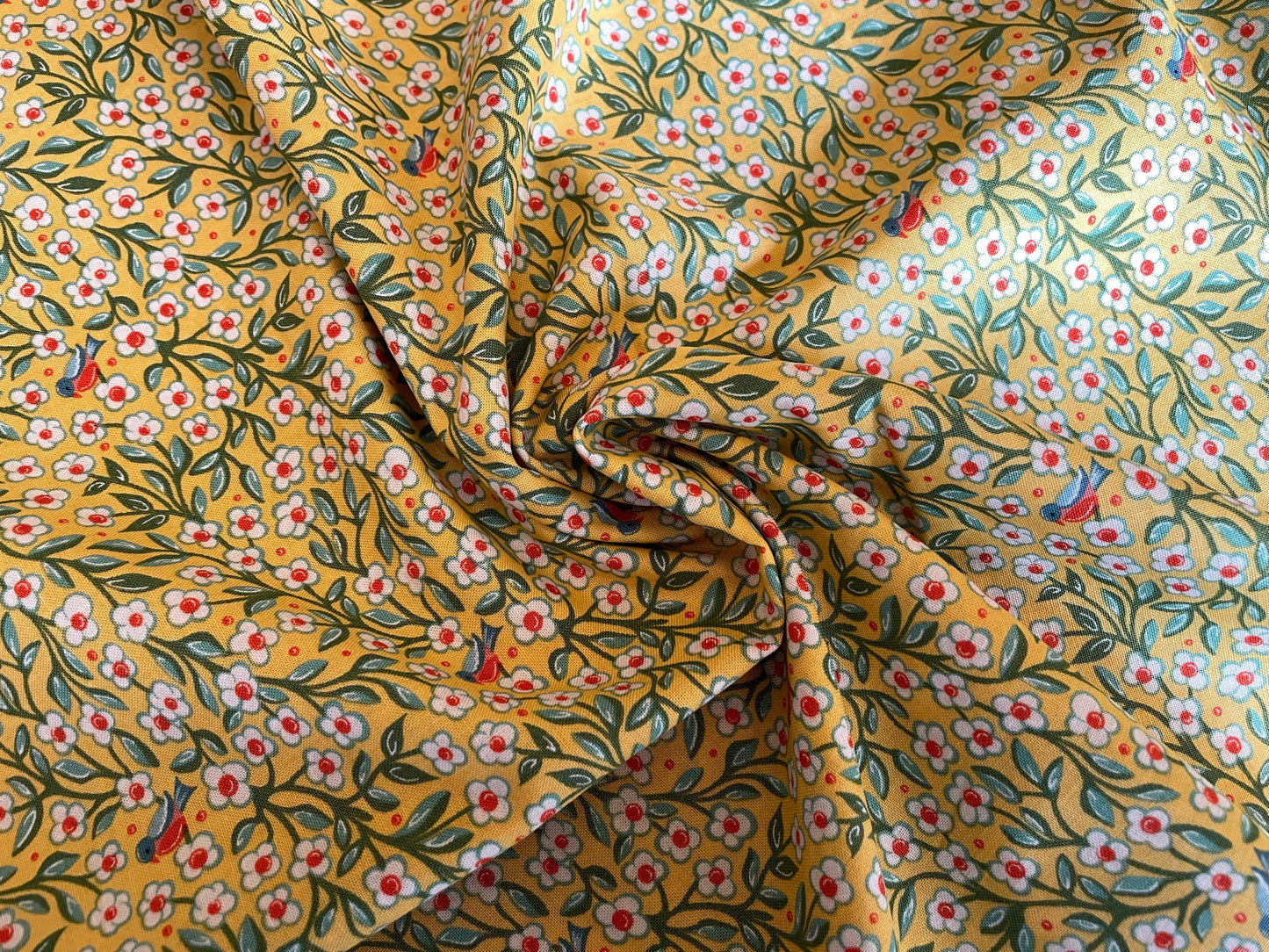 100% Cotton - Quilting Weight - Tiny Flowers and Birds on Sunshine
