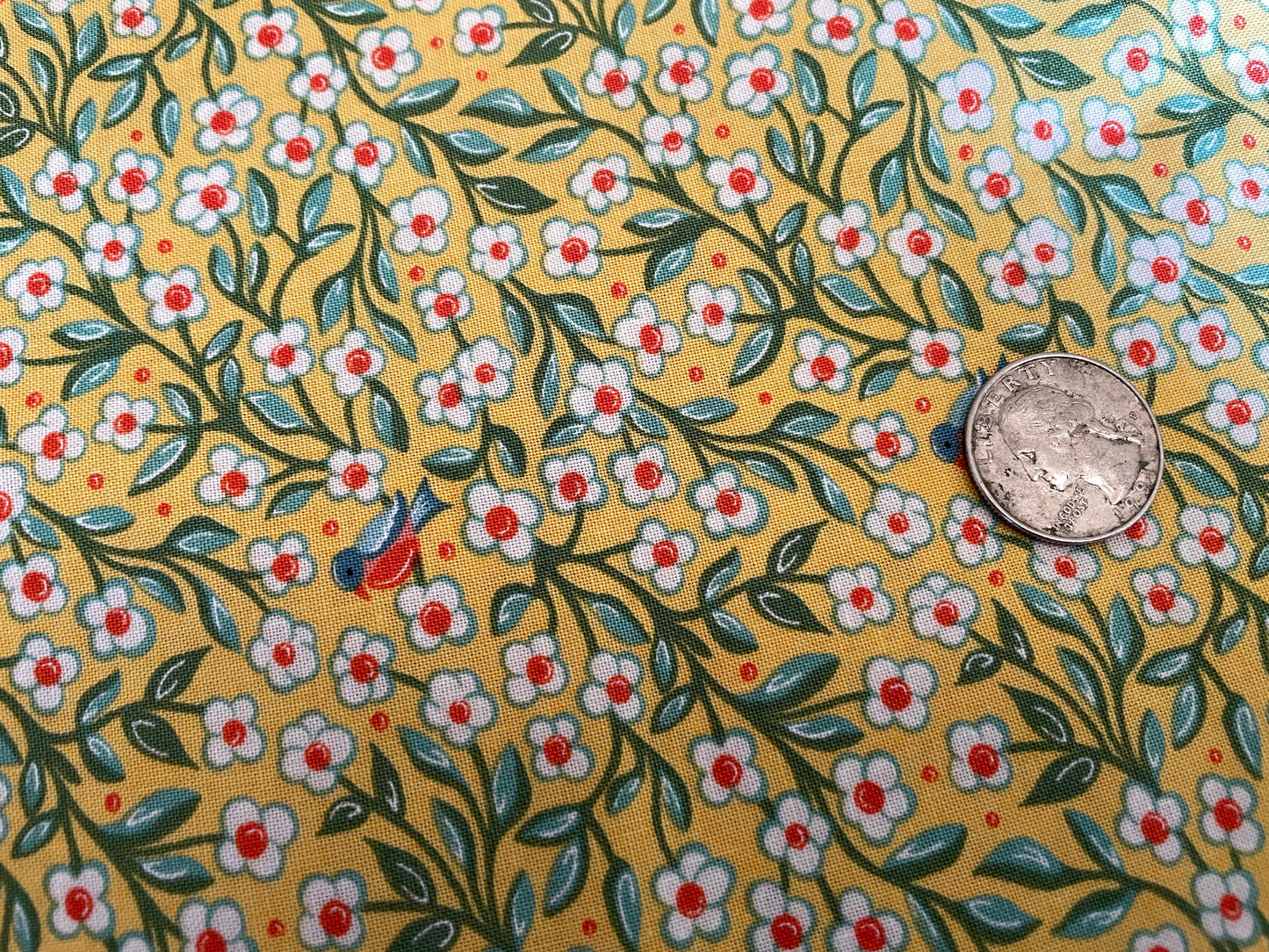 100% Cotton - Quilting Weight - Tiny Flowers and Birds on Sunshine