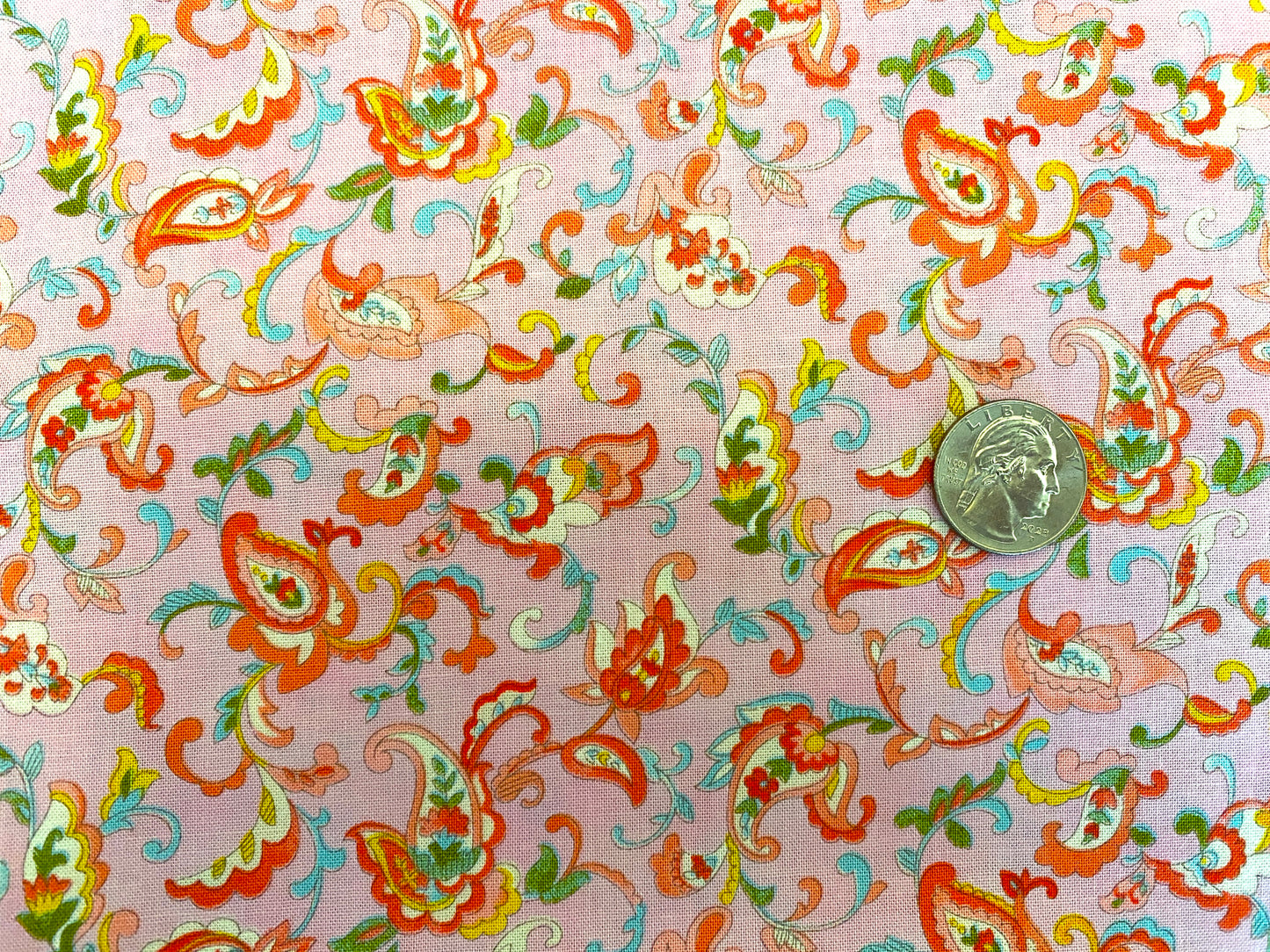 100% Cotton - Quilting Weight - Tangerine & Aqua Paisley on Pink
