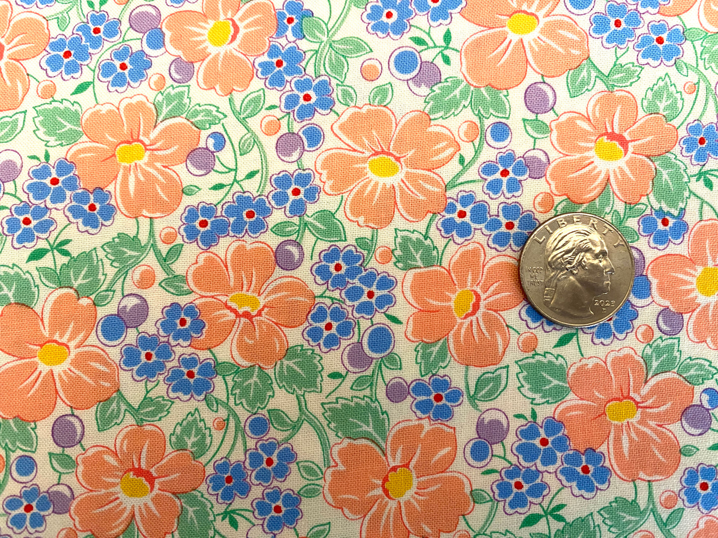 100% Cotton - Quilting Weight - Daisies - Peach & Indigo & Spring Green