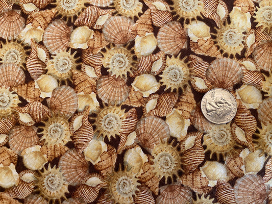 100% Cotton - Quilting Weight -  Seashells on Brown