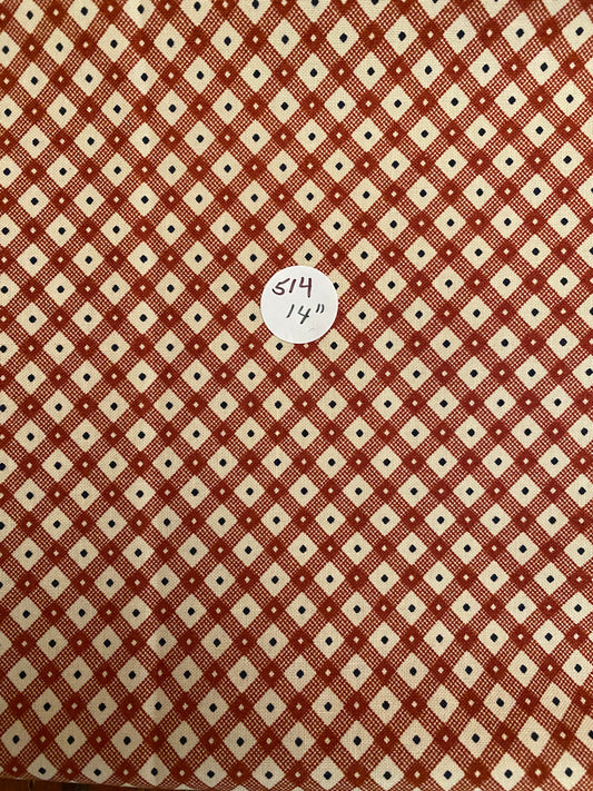 Remnant Quilting Cotton. "Red Checkers"  14" #514