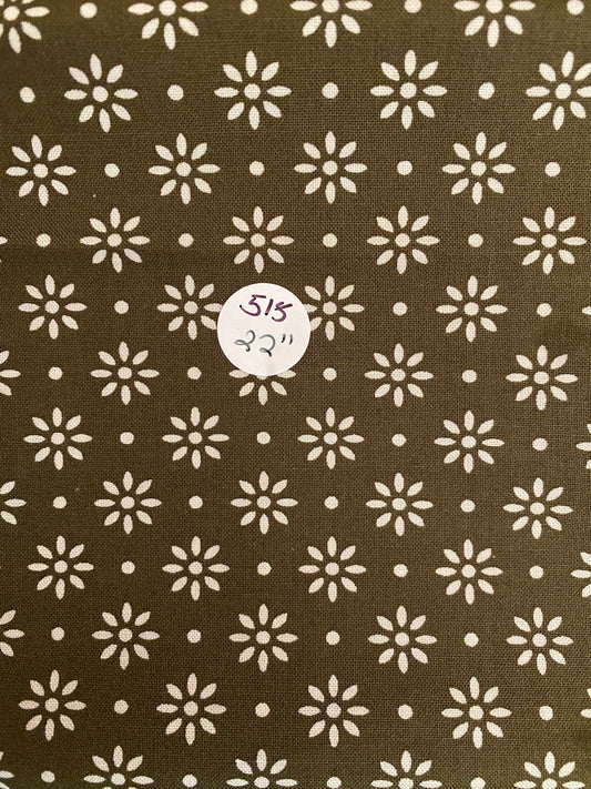 Remnant Quilting Cotton. "White Flowers on Brown"  22" #515