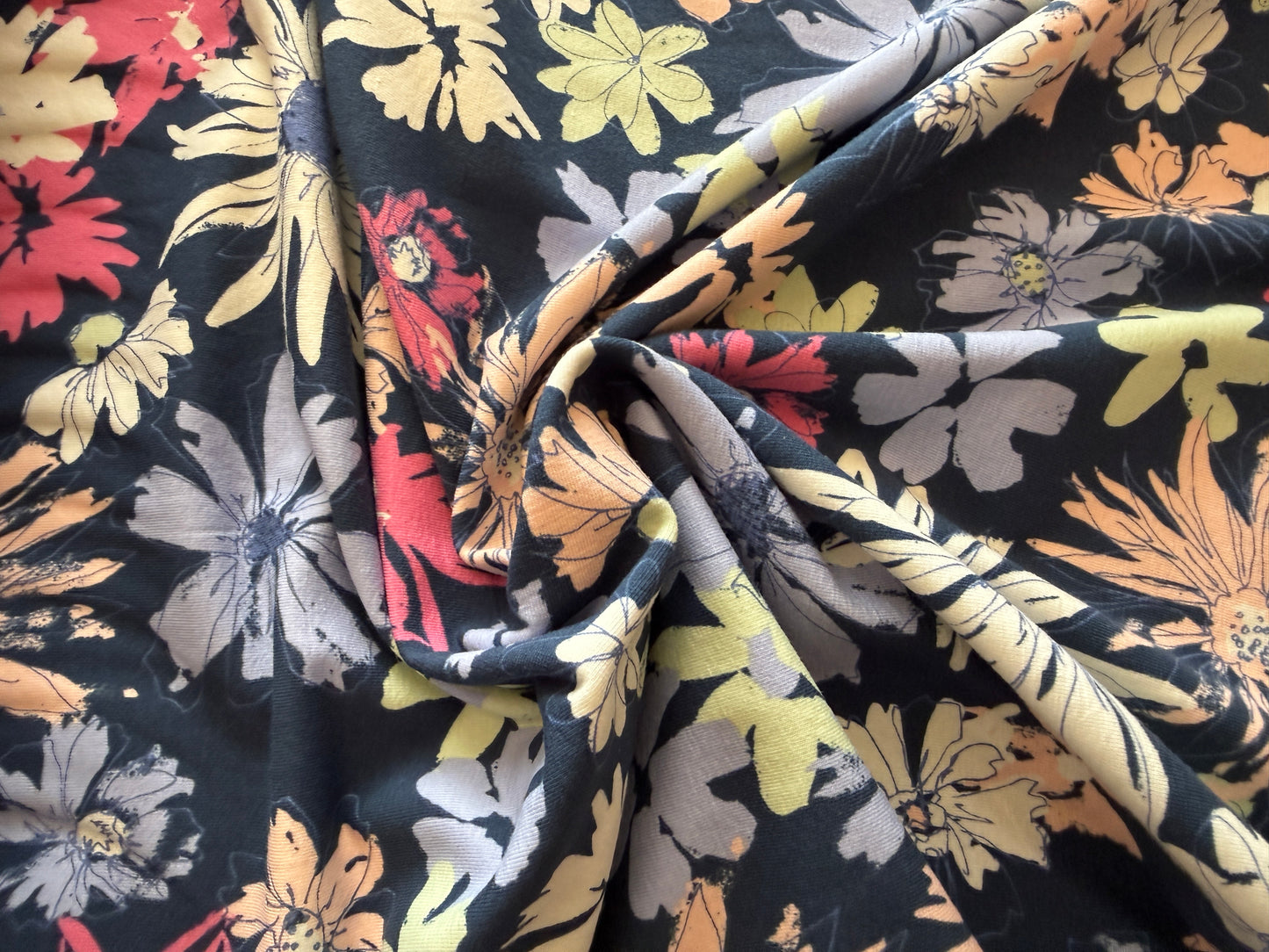 95/5 Cotton/Spandex Jersey - In Frieda's Dreams - Warm Florals on Navy