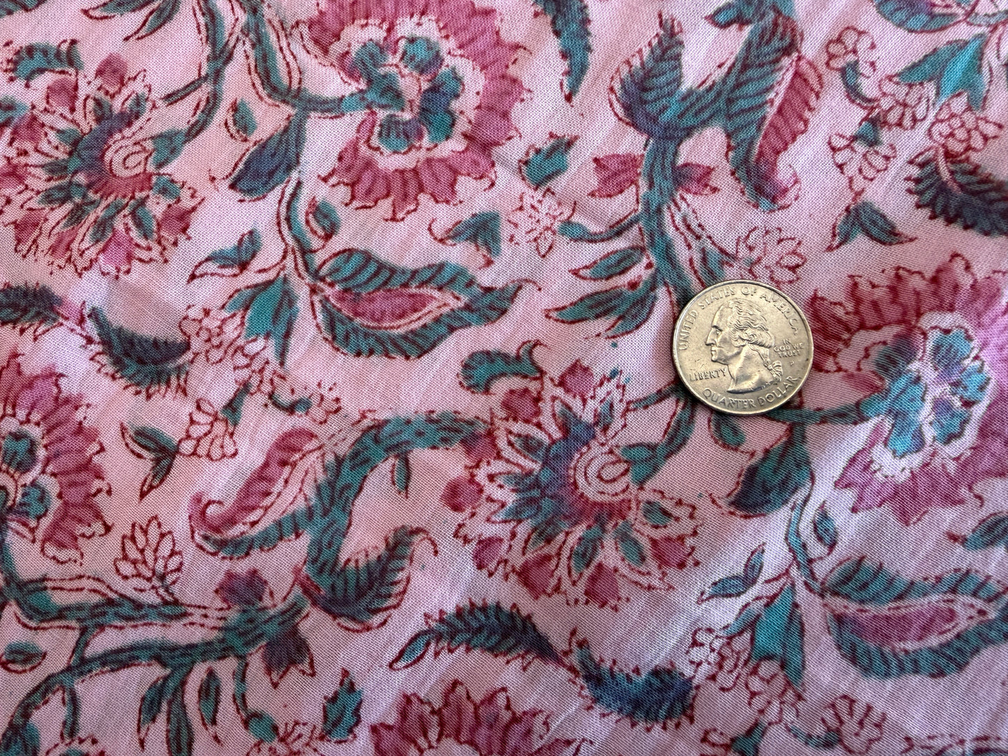 100% Cotton Hand Block Printed Lawn from India - Paisley Floral - Pink & Aqua