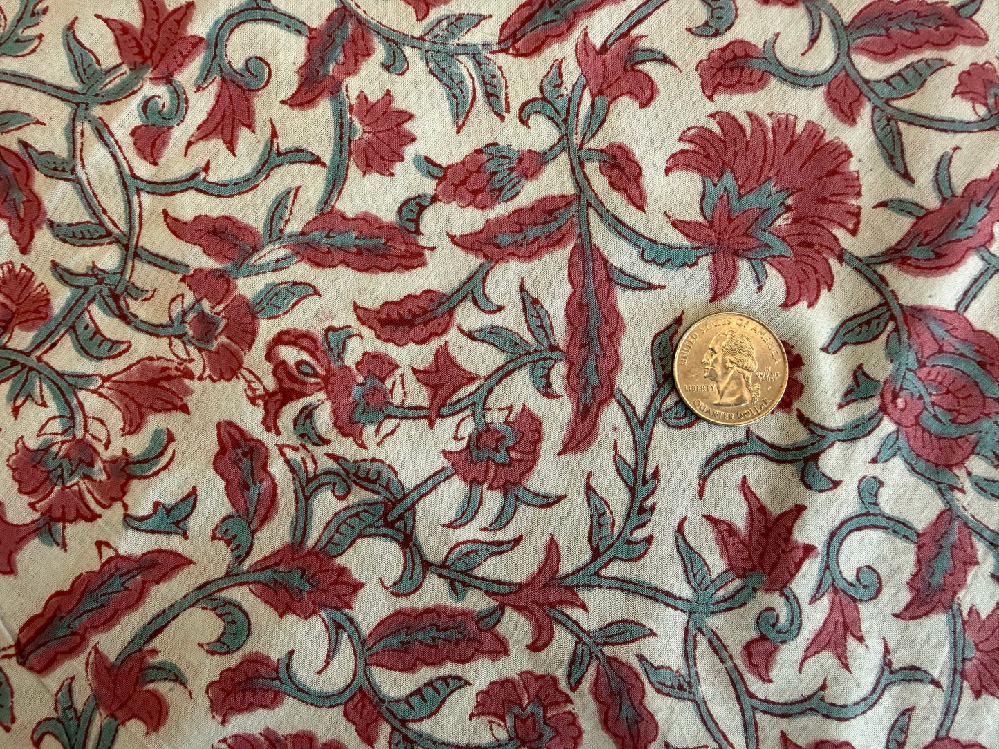 100% Cotton Hand Block Printed Lawn from India - Coral Bramble - Coral and Teal on White