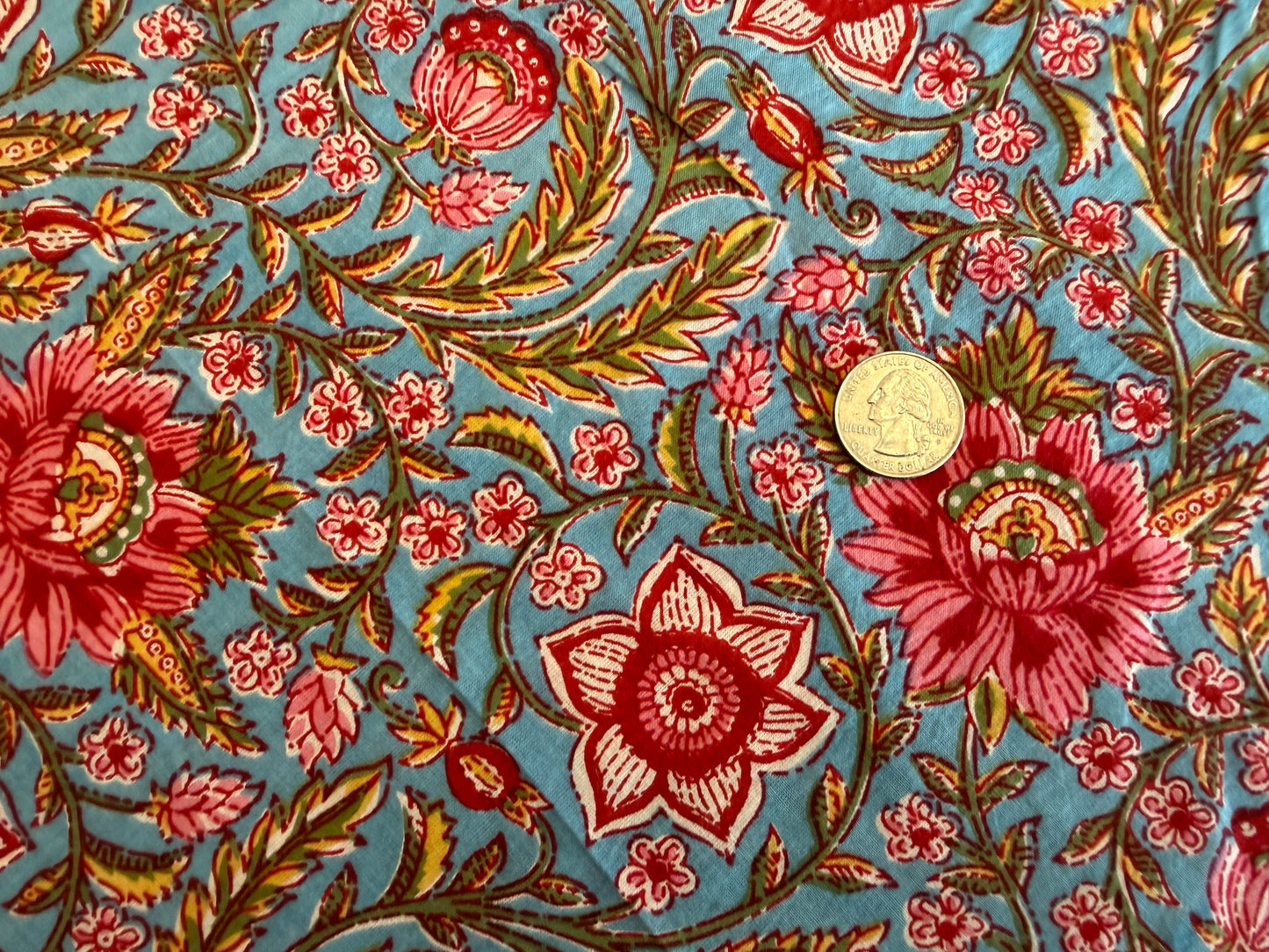 100% Cotton Hand Block Printed Lawn from India - Raj Palace Garden - Roses on Aqua