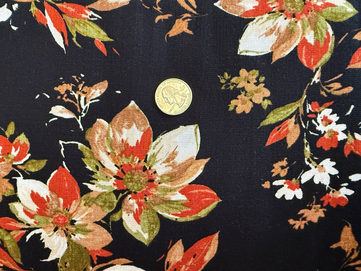 100% Rayon Floral Print - Warm Floral on Black