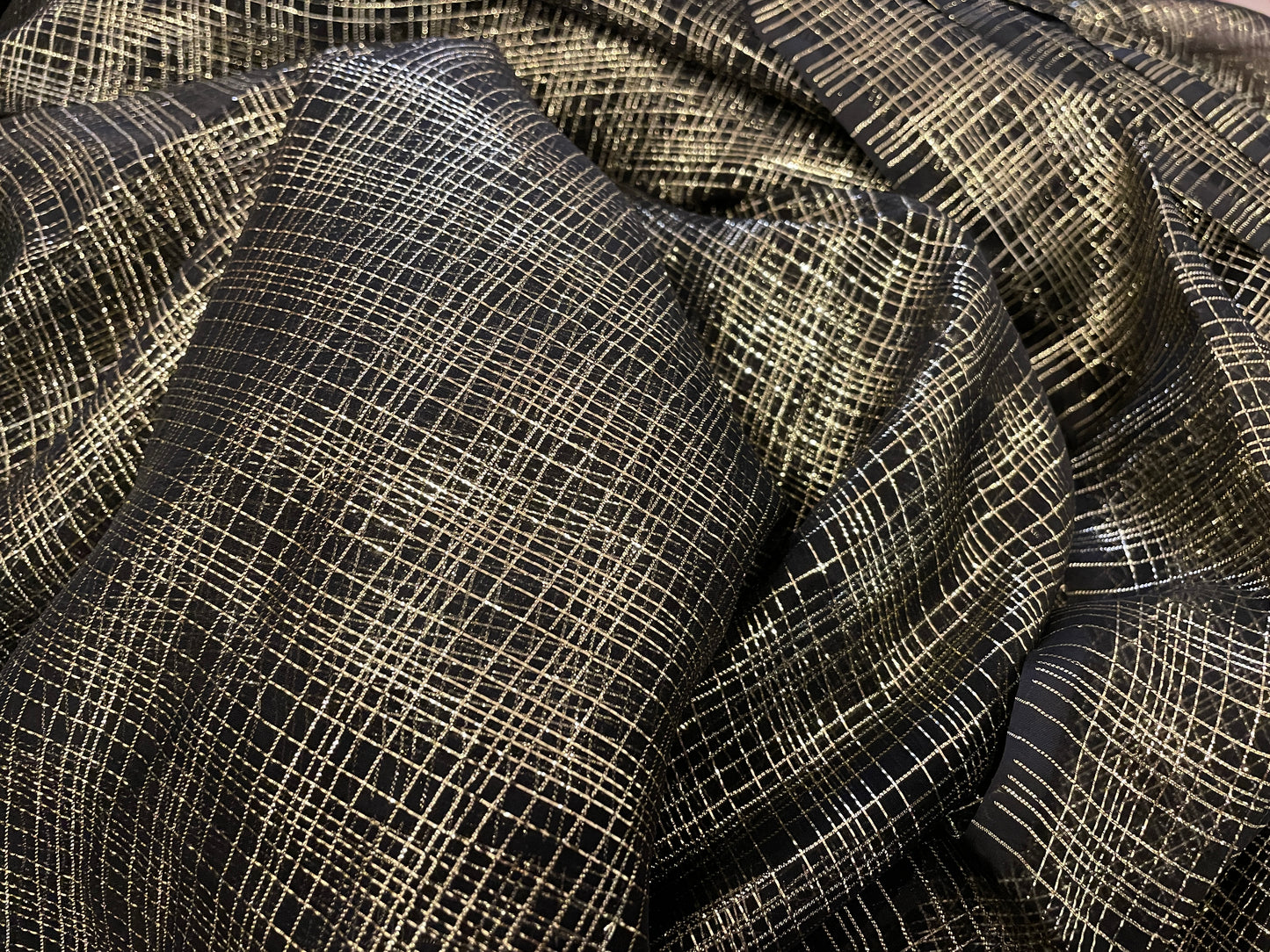 Silk & Lurex Chiffon - Crosshatch in Gold - Black