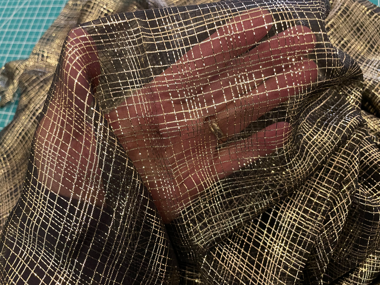 Silk & Lurex Chiffon - Crosshatch in Gold - Black