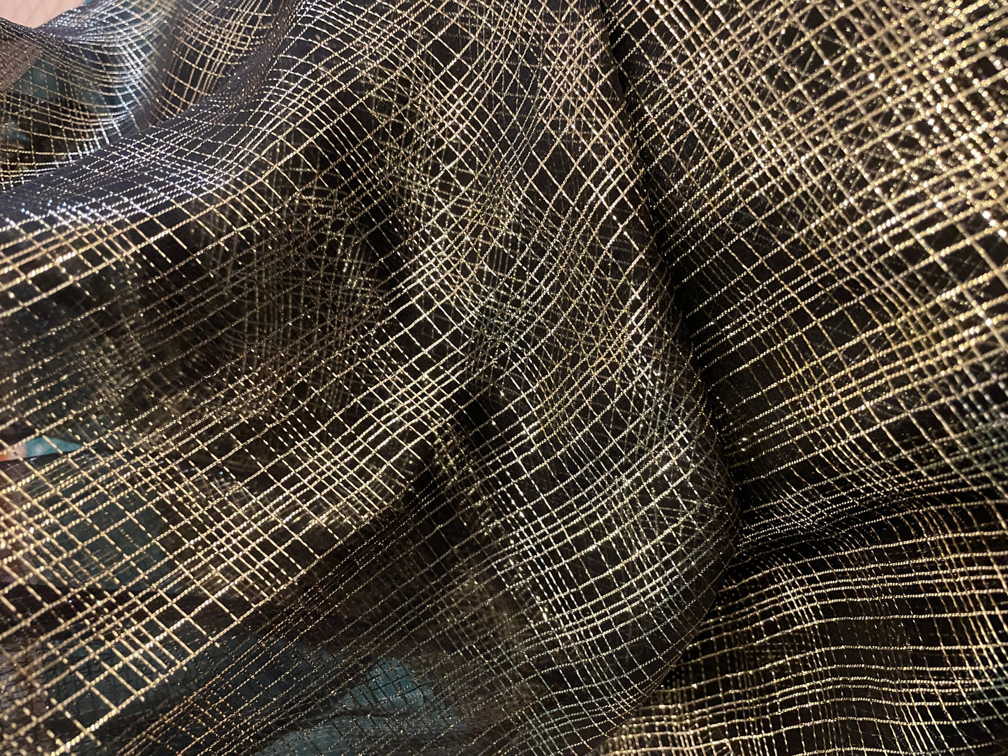 Silk & Lurex Chiffon - Crosshatch in Gold - Black
