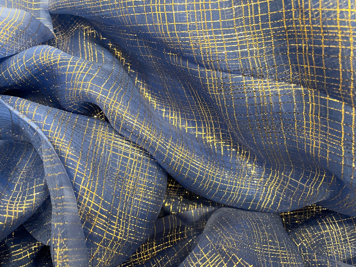 Silk & Lurex Chiffon - Crosshatch in Silver - French Blue