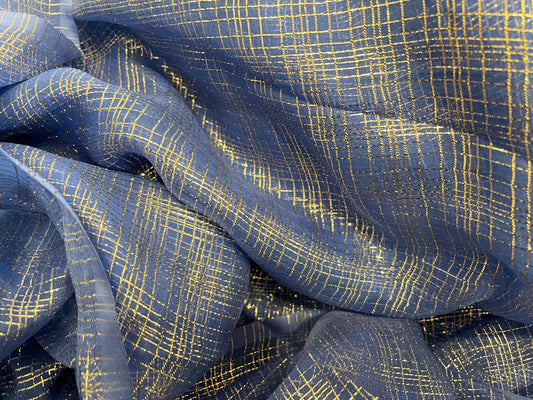 Silk & Lurex Chiffon - Crosshatch in Silver - French Blue
