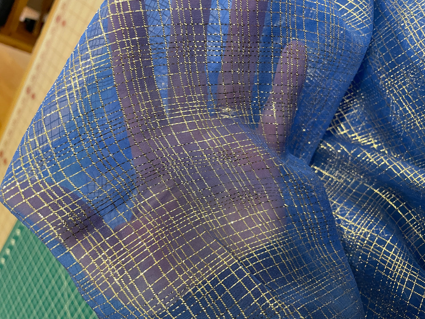 Silk & Lurex Chiffon - Crosshatch in Silver - French Blue