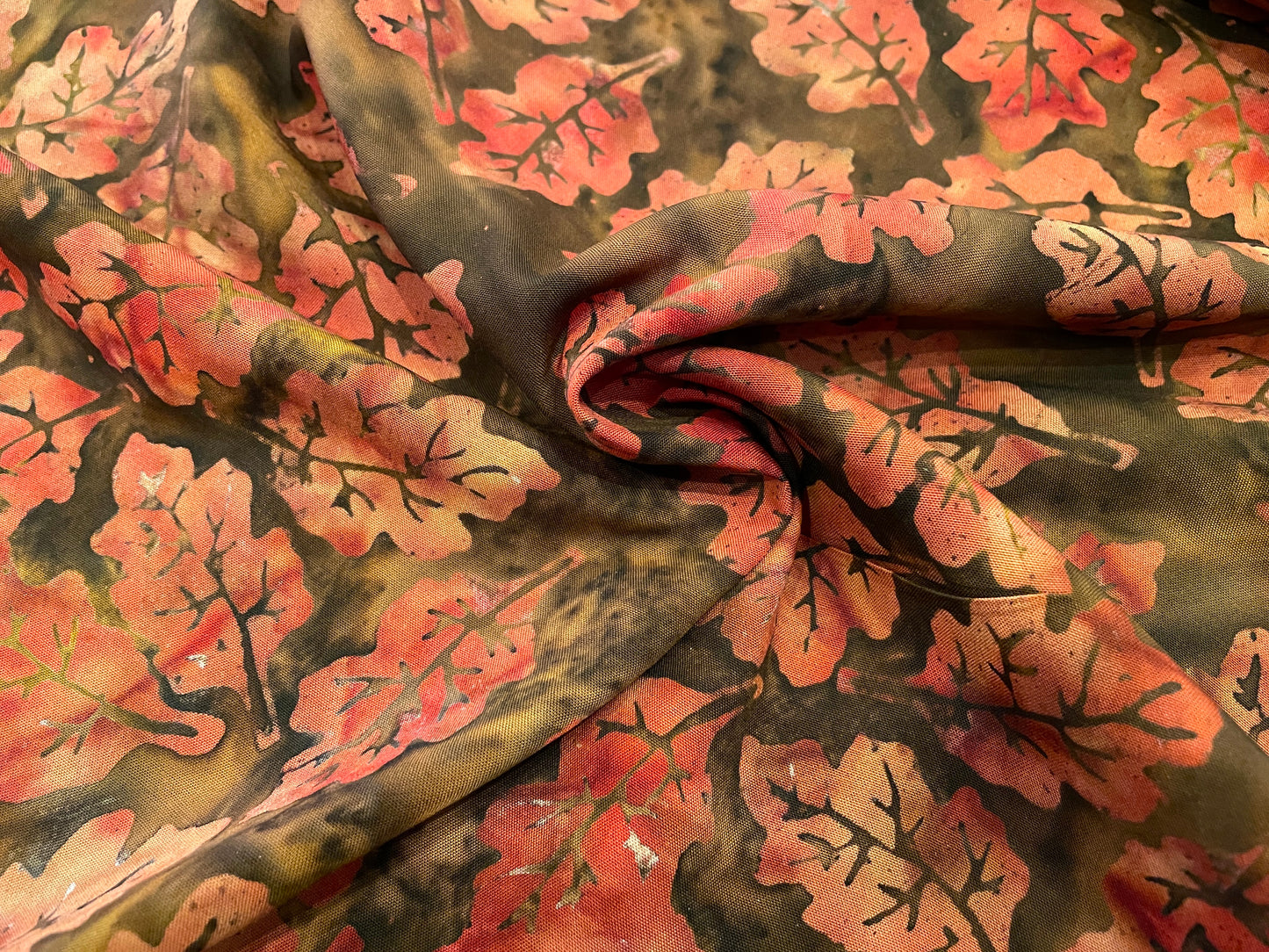 Batik Rayon Challis - Oak Leaves - Autumn Shades on Cocoa Brown