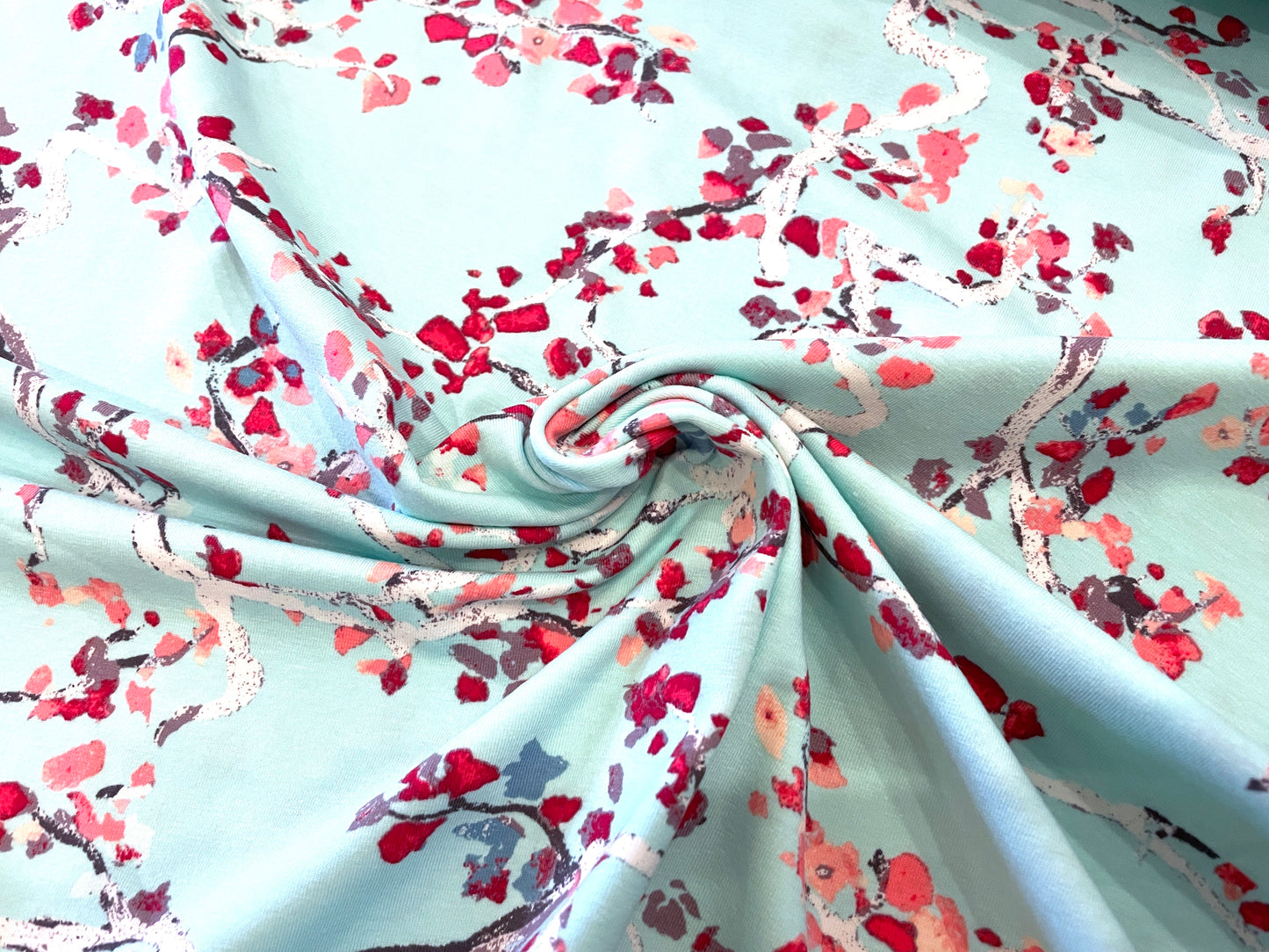 95/5 Cotton/Spandex Jersey - Cherry Blossoms on Aqua