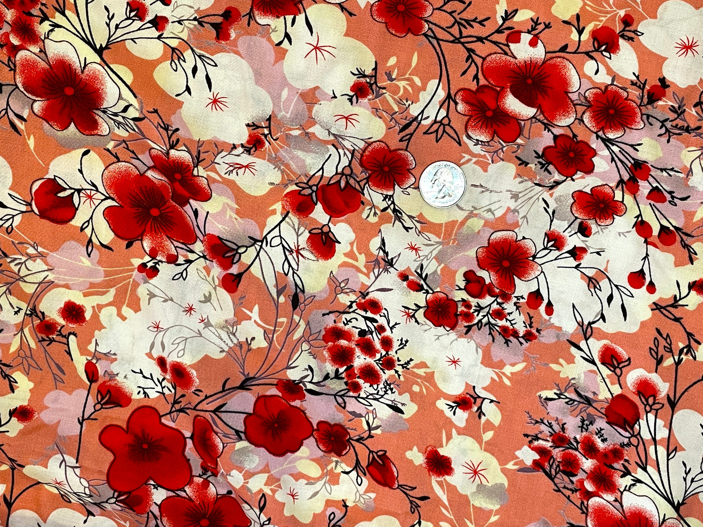 Rayon Challis - Red Cherry Blossoms