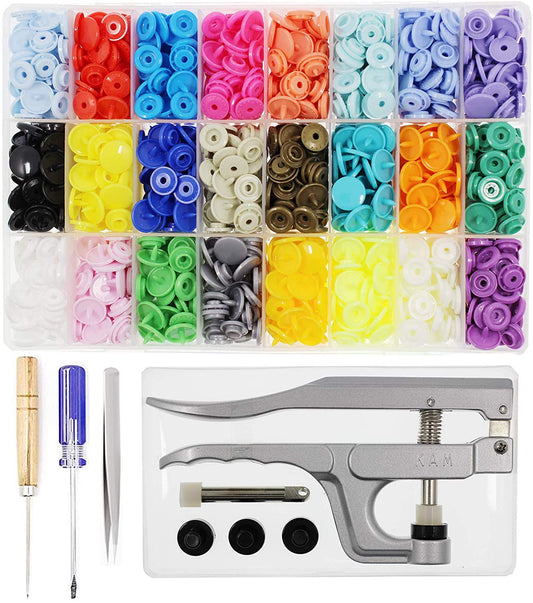 KAM Snaps Buttons with Pliers Starter Kit, 384 Sets, 24-Colors, Size 20