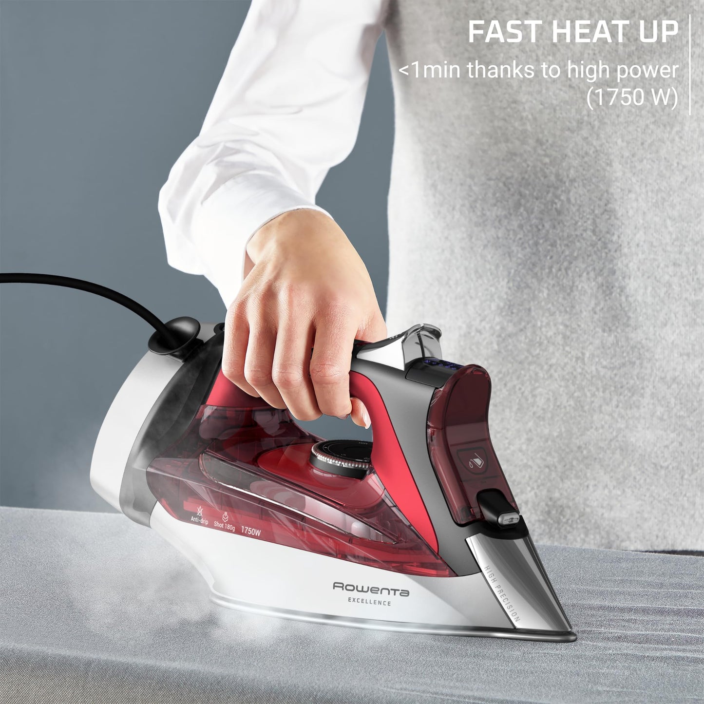 Rowenta Iron, Focus Excellence Stainless Steel Soleplate Steam Iron for Clothes, Retractable Cord, 400+ Microsteam Holes, Powerful steam, LED Display, 1750 W Ironing Clothes, Cordreel, Red DW5433