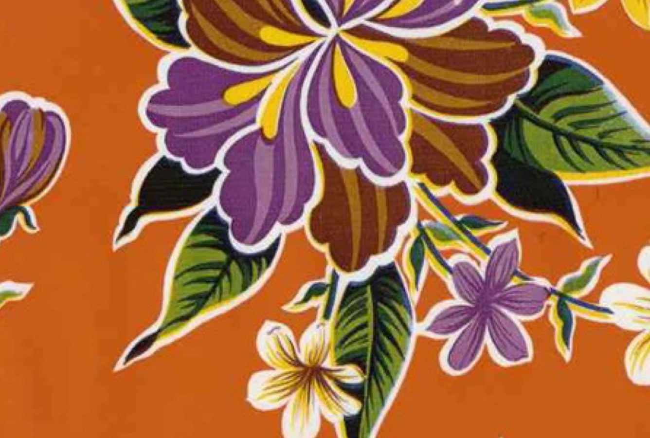 Remnant -Oil Cloth - Hibiscus Flowers on Orange - 1.5 Yards - #643