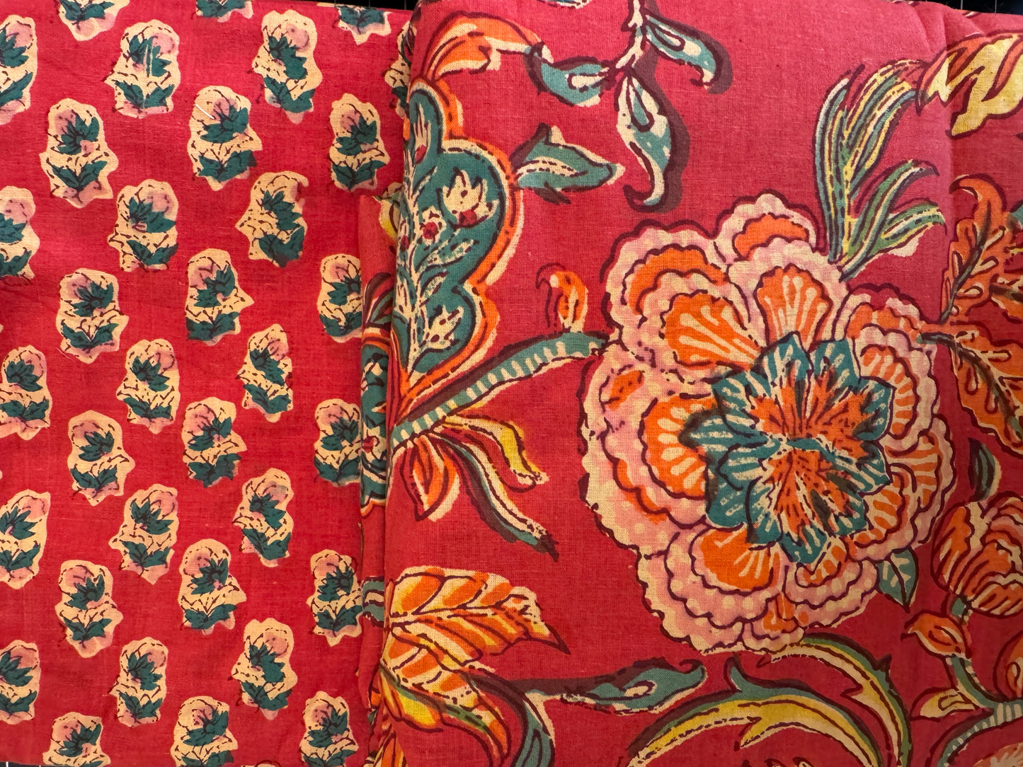 Hand Block Print Cotton Lawn from India - Ruby Floral