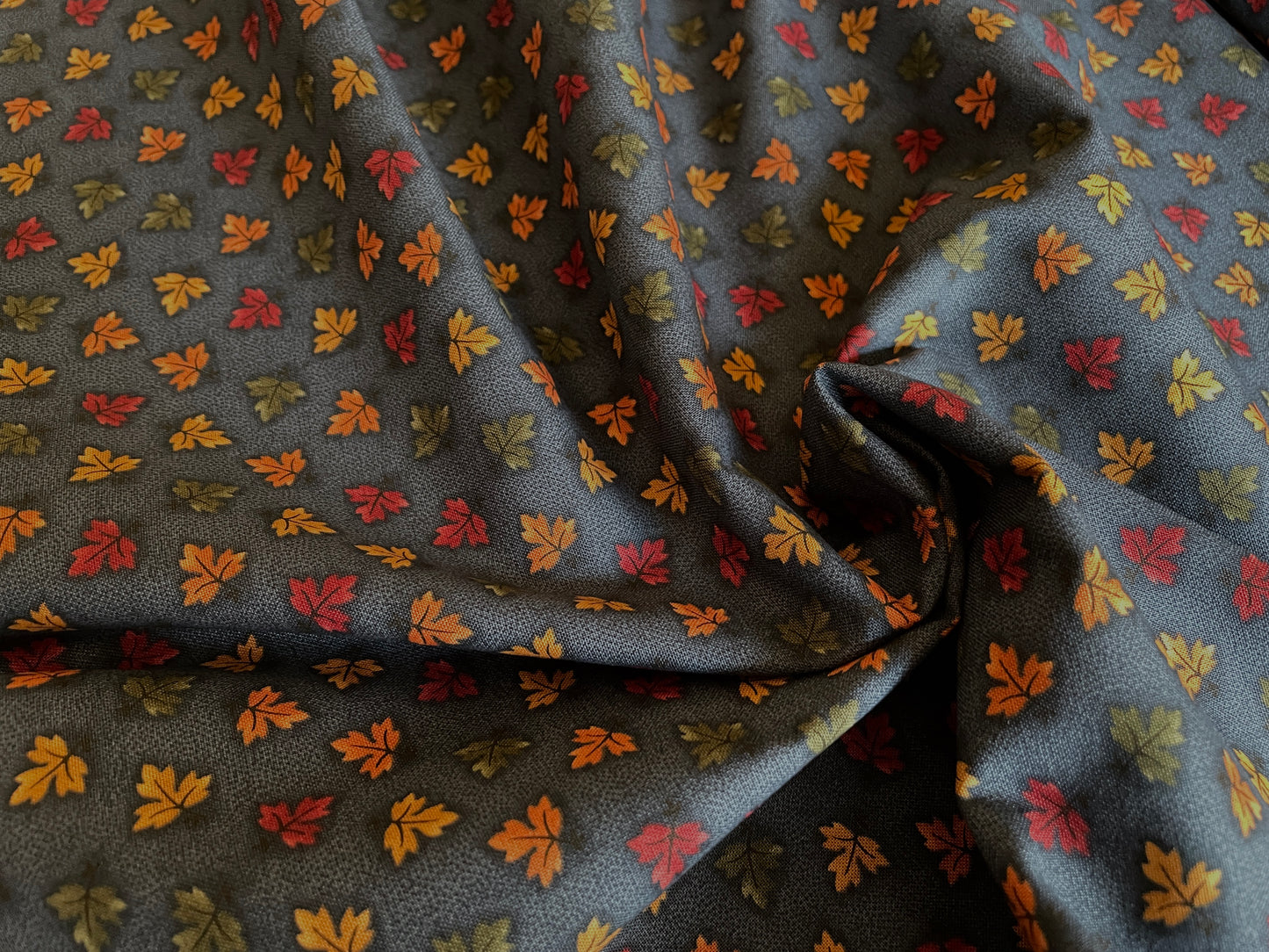 100% Cotton - Quilting Weight - Tiny Autumn Leaves on Deep Blue