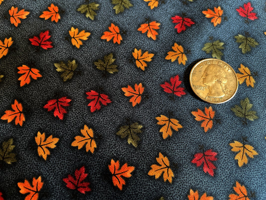 100% Cotton - Quilting Weight - Tiny Autumn Leaves on Deep Blue