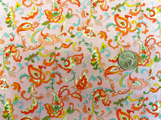 100% Cotton - Quilting Weight -  Tangerine & Aqua Paisley on Pink