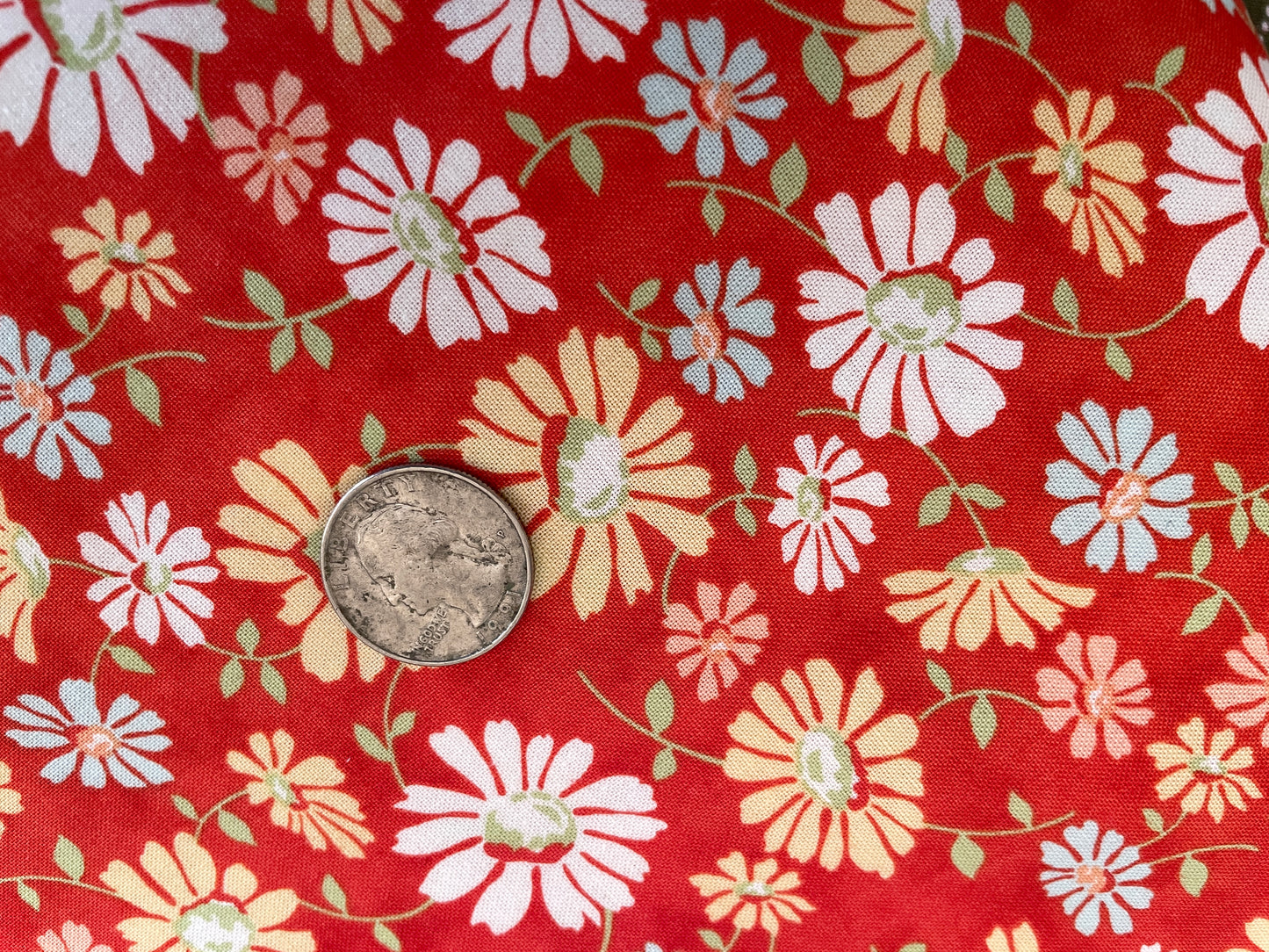 100% Cotton - Quilting Weight - Daisies on Red