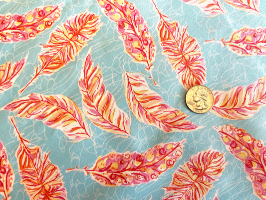 100% Cotton - Quilting Weight -  Pink Fairy Feathers on Aqua