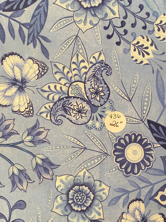 Remnant Quilting Cotton "Blue Butterfly & Flowers " 26" #436