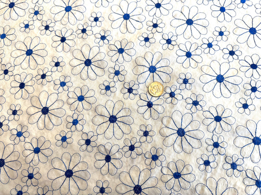 Embroidered Cotton Lawn - Blue Daisies on White