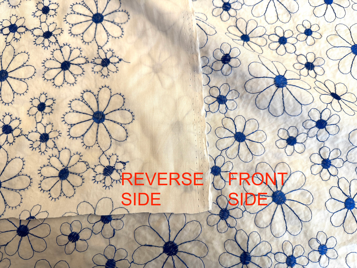 Embroidered Cotton Lawn - Blue Daisies on White