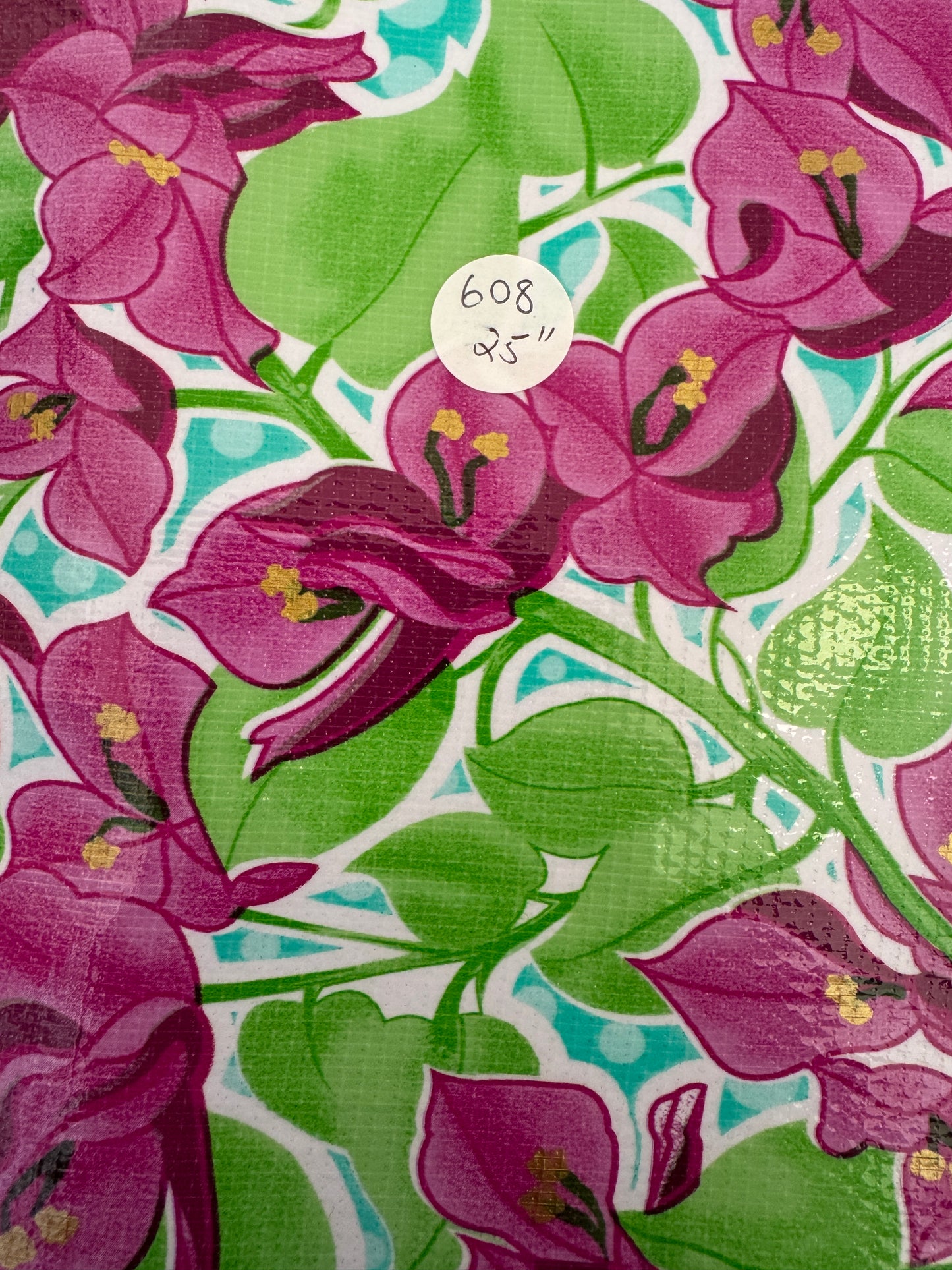 Remnant -Oil Cloth "Fuchsia Bougainvillea on Aqua" - 25" #608