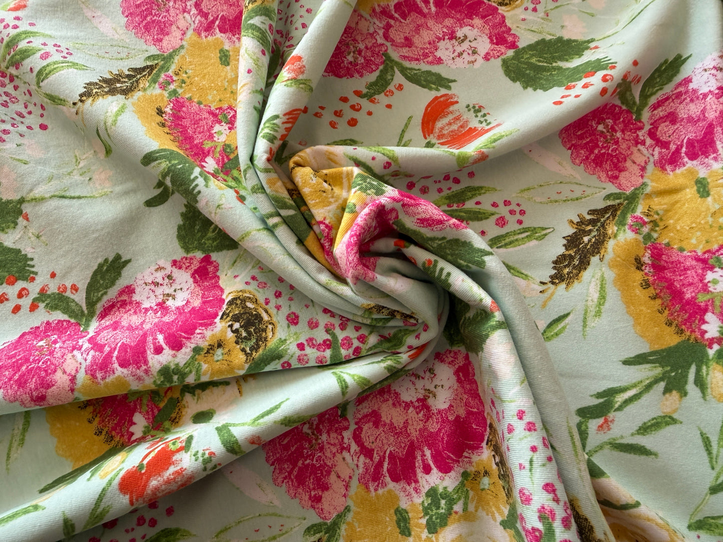 95/5 Cotton/Spandex Jersey - In Frieda's Dreams - Pinks on Cucumber Greens