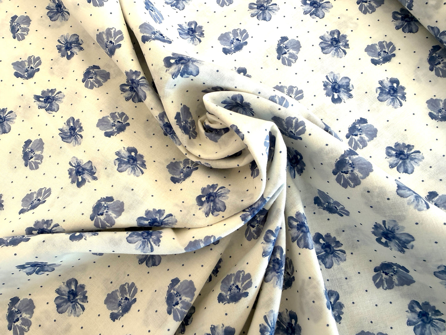 100% Cotton Lawn - Blue Floral on White - Blueberry