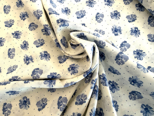 100% Cotton Lawn - Blue Floral on White - Blueberry