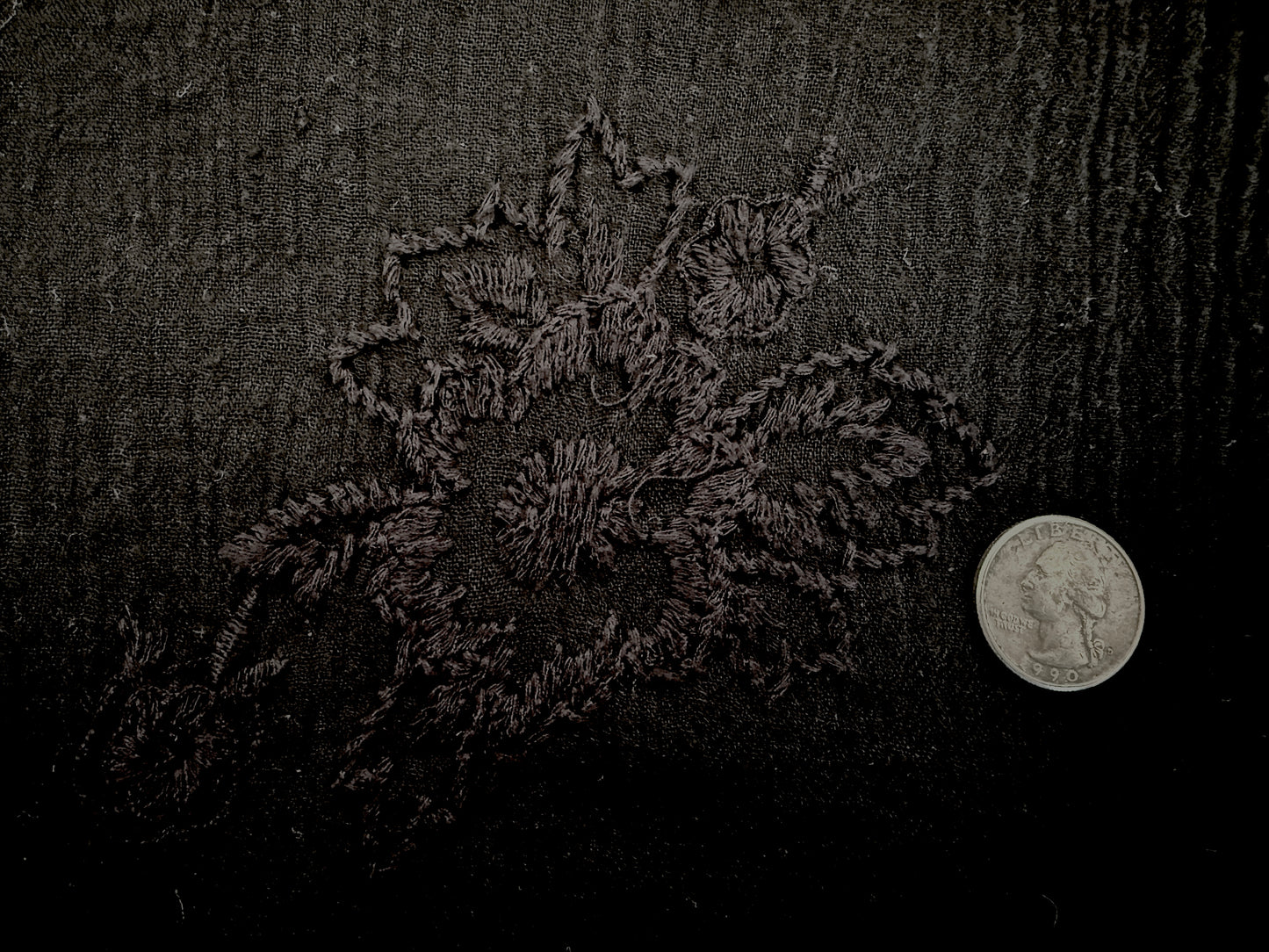 100% Cotton - Embroidered Bubble Gauze - Black Floral