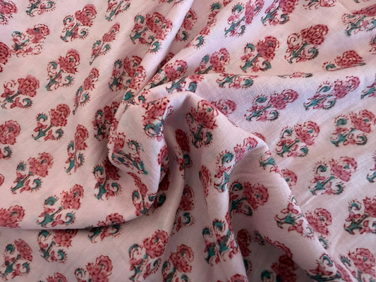 100% Cotton Hand Block Printed Lawn from India - Mini Floral - Pink & Aqua