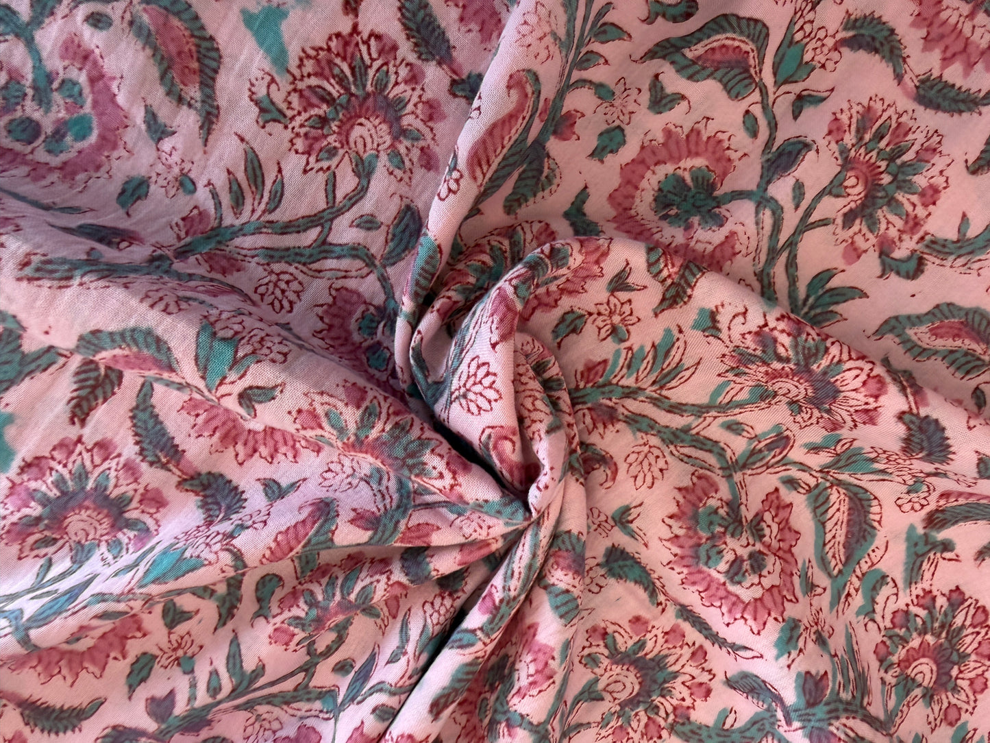 100% Cotton Hand Block Printed Lawn from India - Paisley Floral - Pink & Aqua