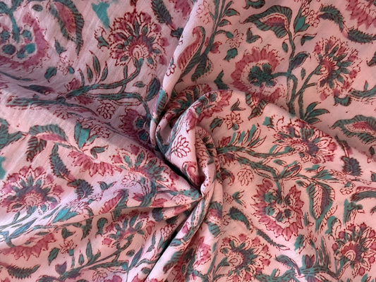100% Cotton Hand Block Printed Lawn from India - Paisley Floral - Pink & Aqua