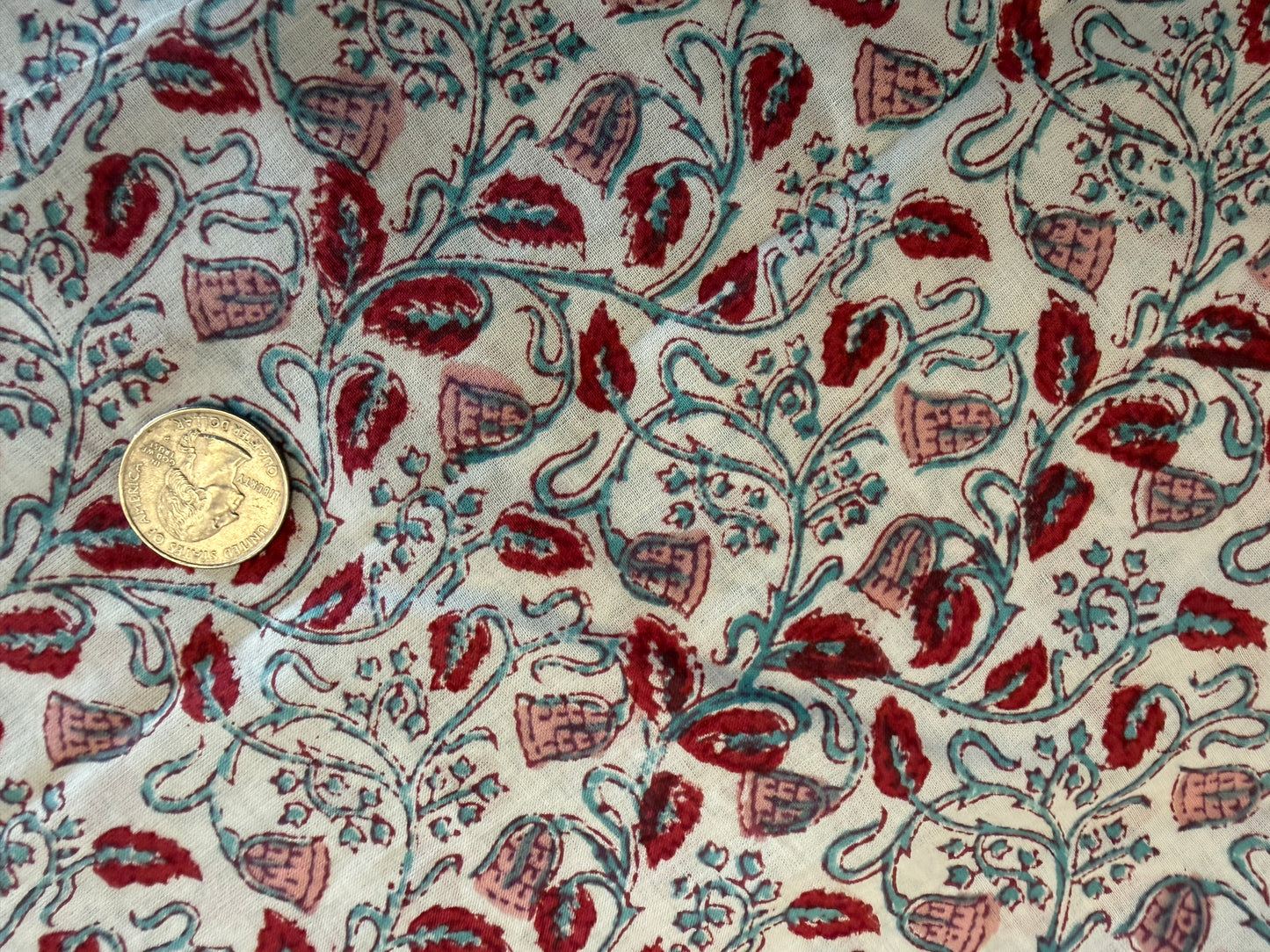 100% Cotton Hand Block Printed Lawn from India - MINI Coral Bramble - Coral and Teal on White (Copy)