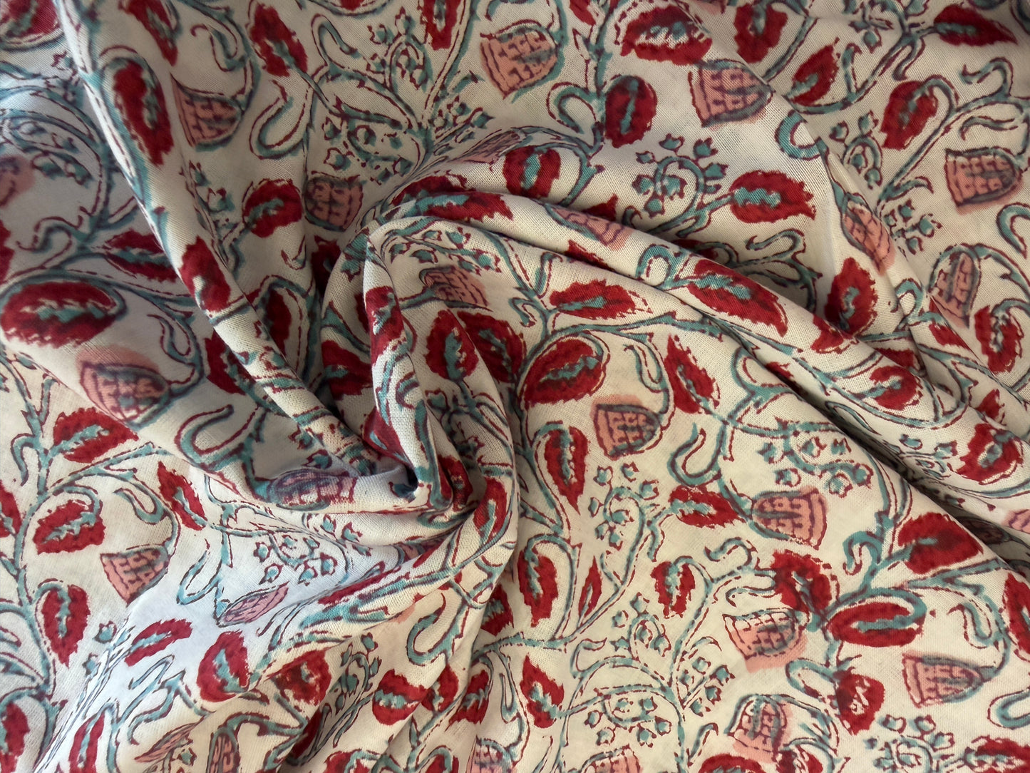 100% Cotton Hand Block Printed Lawn from India - MINI Coral Bramble - Coral and Teal on White (Copy)