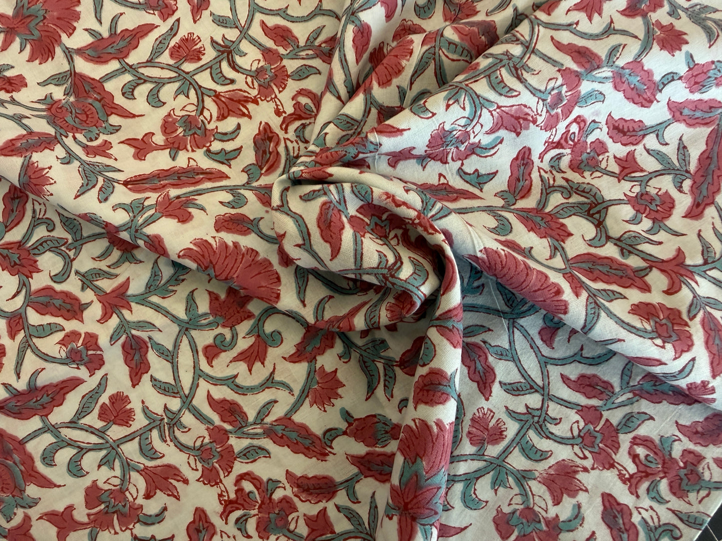 100% Cotton Hand Block Printed Lawn from India - Coral Bramble - Coral and Teal on White