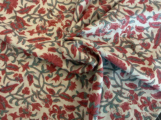 100% Cotton Hand Block Printed Lawn from India - Coral Bramble - Coral and Teal on White