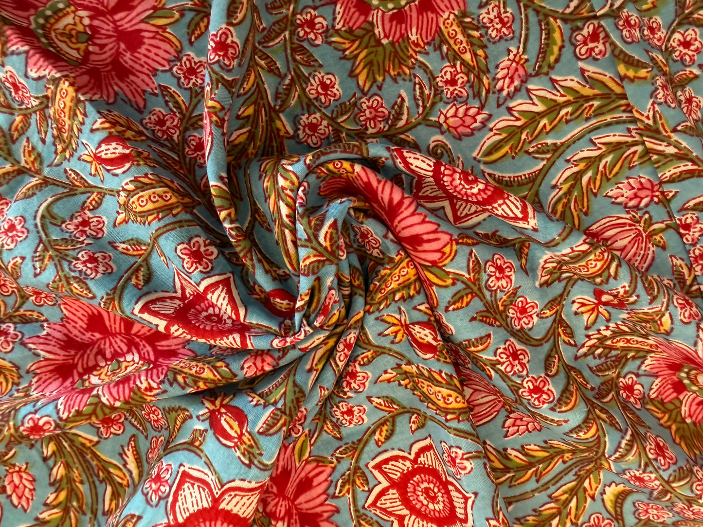 100% Cotton Hand Block Printed Lawn from India - Raj Palace Garden - Roses on Aqua