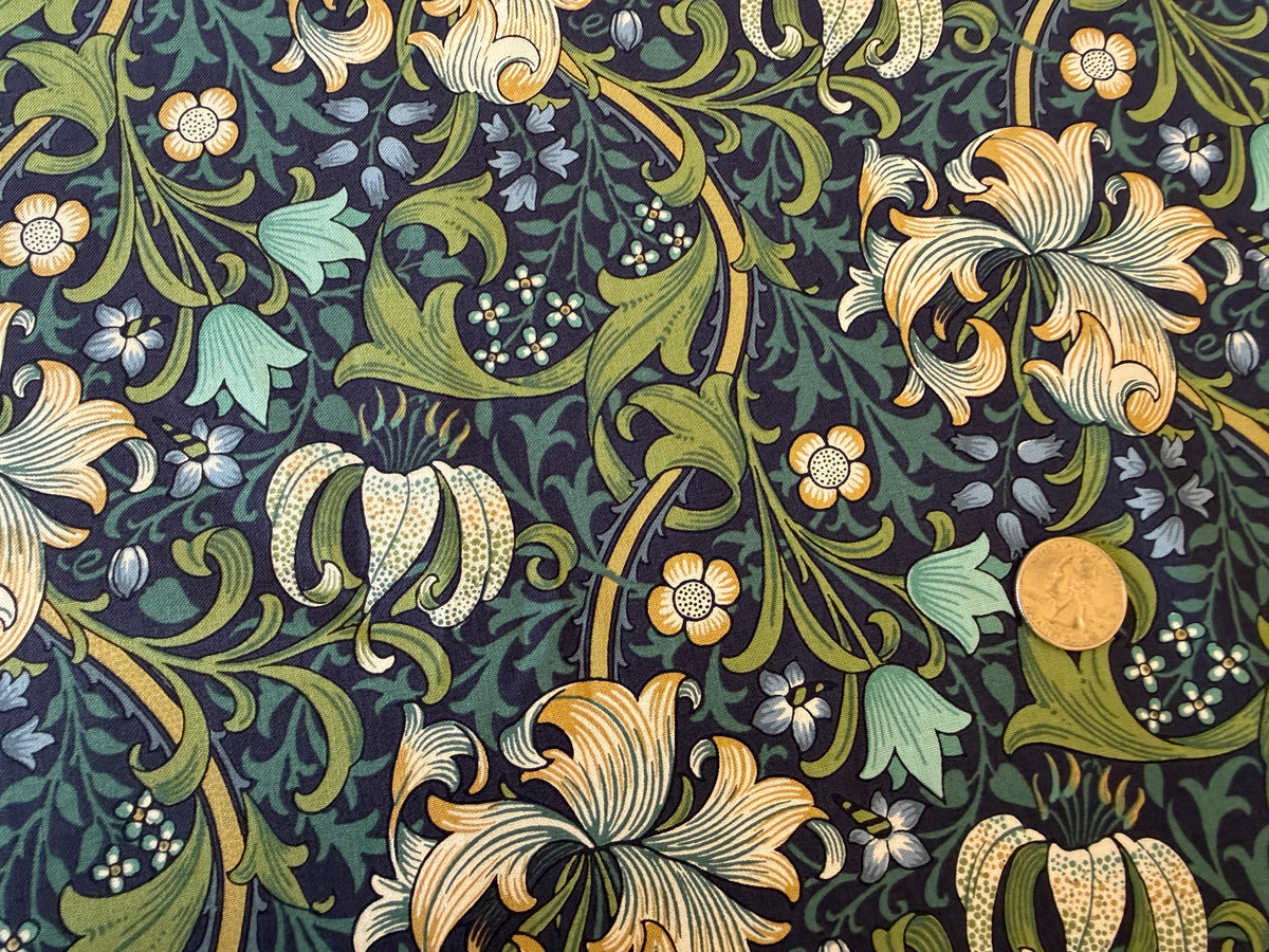Genuine William Morris Design - Quilting Cotton - Golden Lily  - Navy