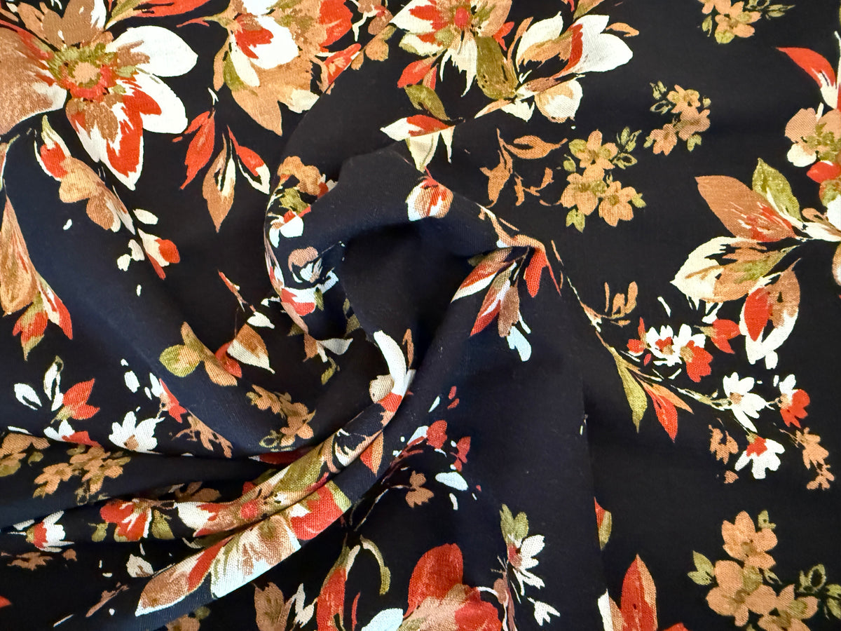 100% Rayon Floral Print - Warm Floral on Black