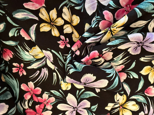 100% Rayon Floral Print - Cool Floral on Black