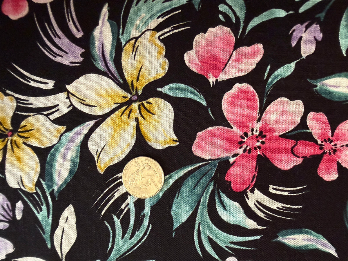 100% Rayon Floral Print - Cool Floral on Black